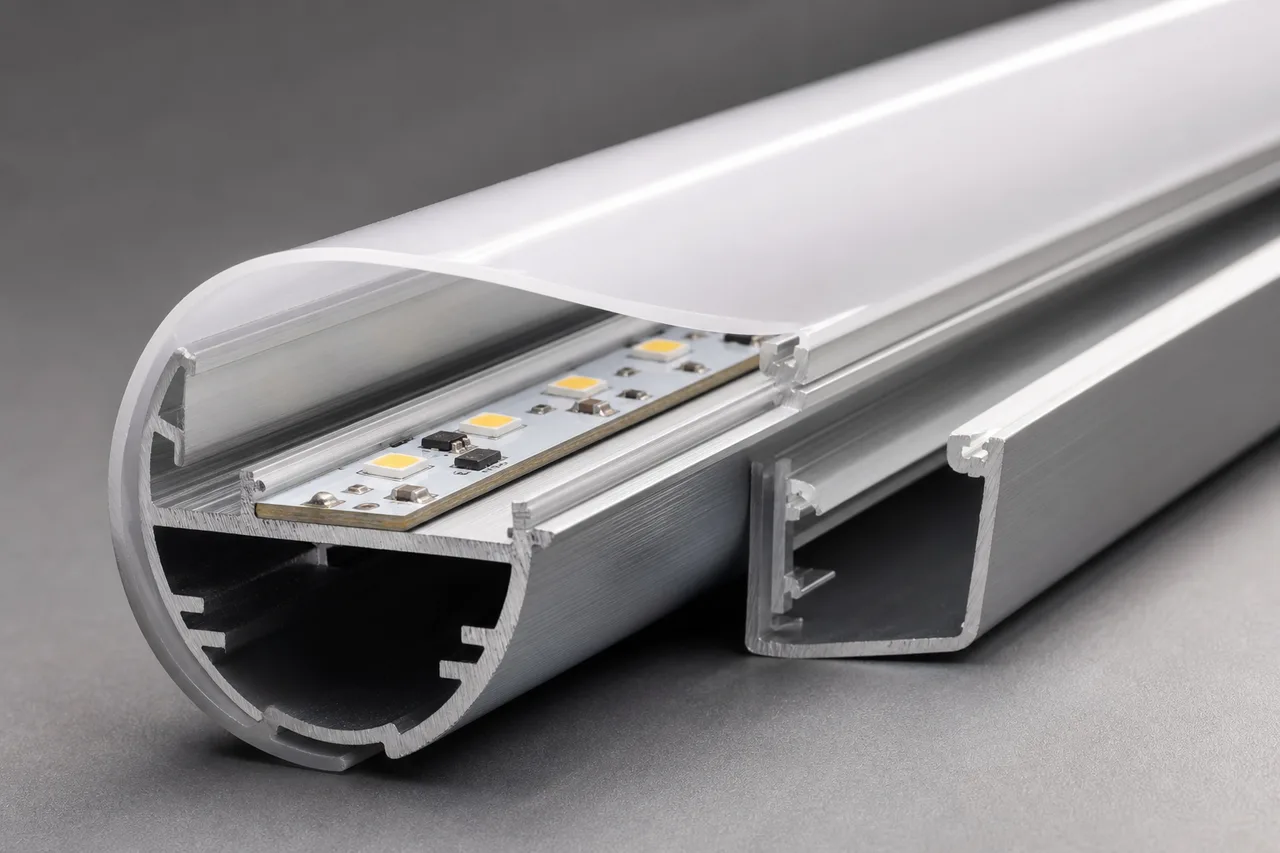 JE-28 LED T8 tube housing cross-section showing 10mm PCB, 6063 aluminum base, polycarbonate diffuser and internal driver space